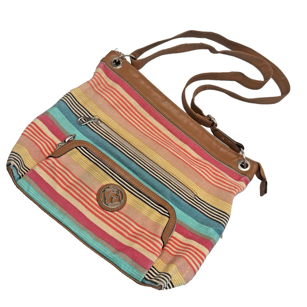 Relic by Fossil Womens Striped Crossbody Bag Tan Faux Leather Trim GUC